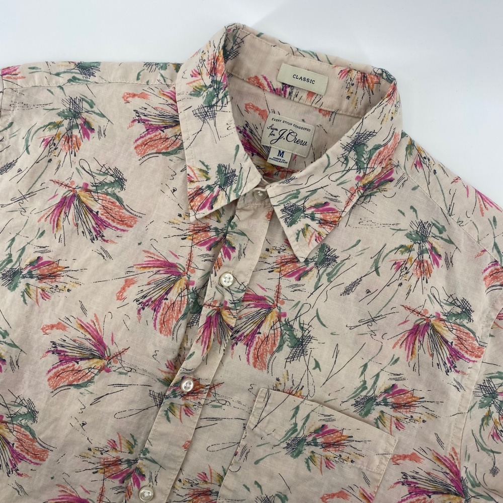 J.Crew Button Down Shirt Mens M Pink Abstract Floral Short Sleeve Cotton Linen